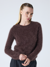 brown crew neck jumper with long sleeves and fluffy texture