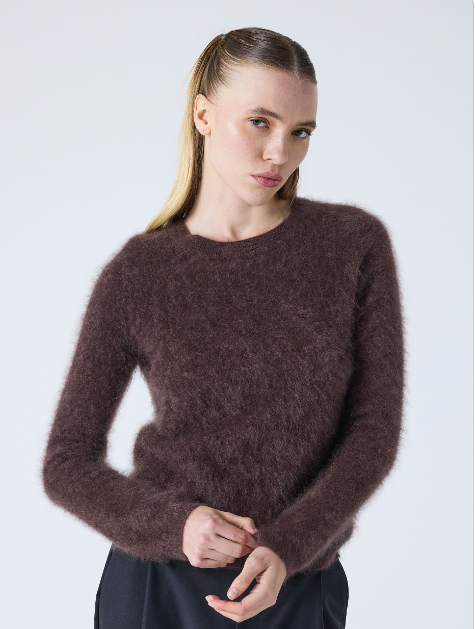 brown crew neck jumper with long sleeves and fluffy texture