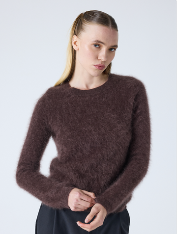 brown crew neck jumper with long sleeves and fluffy texture