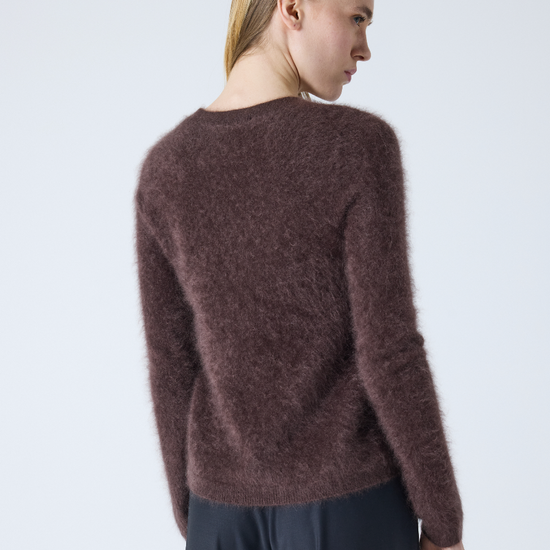 brown crew neck jumper with long sleeves and fluffy texture rear view