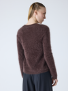 brown crew neck jumper with long sleeves and fluffy texture rear view