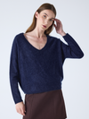 navy v neck jumper with long sleeves and fluffy texture