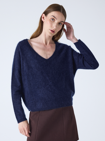 navy v neck jumper with long sleeves and fluffy texture