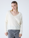 cream v neck jumper with long sleeves and fluffy texture
