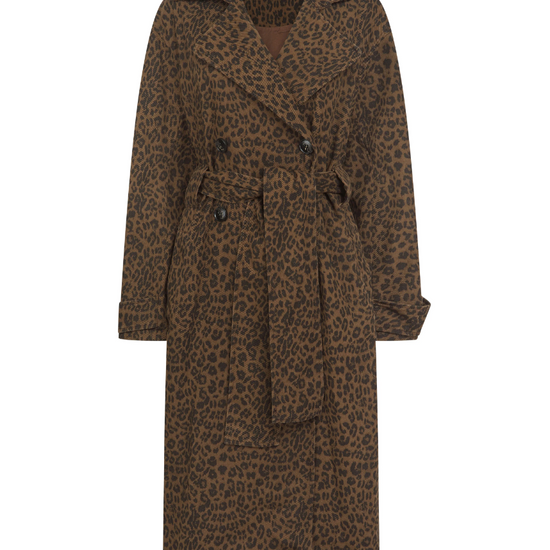 chocolate animal print tench style coat with tie belt and black buttons