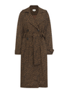 chocolate animal print tench style coat with tie belt and black buttons