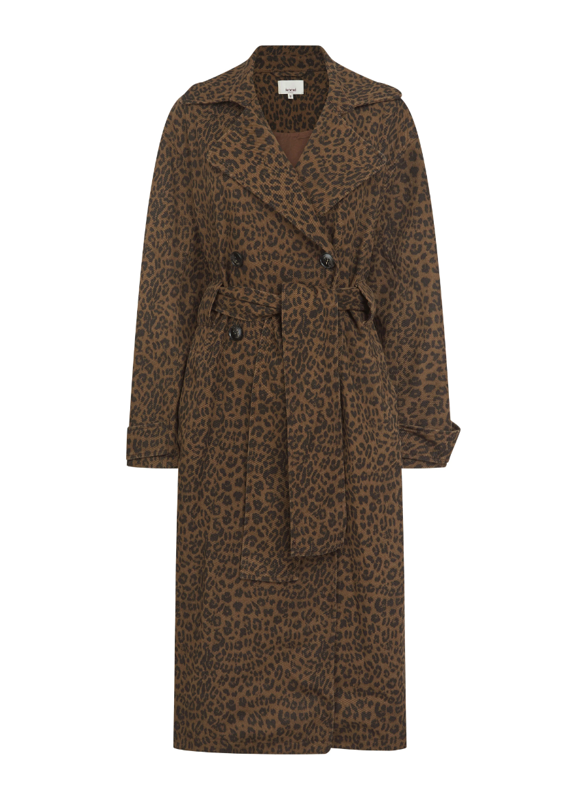 chocolate animal print tench style coat with tie belt and black buttons