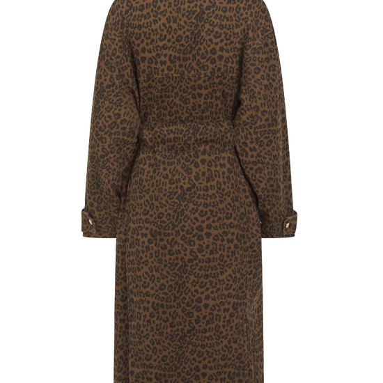 chocolate animal print tench style coat with tie belt and black buttons rear view