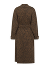 chocolate animal print tench style coat with tie belt and black buttons rear view