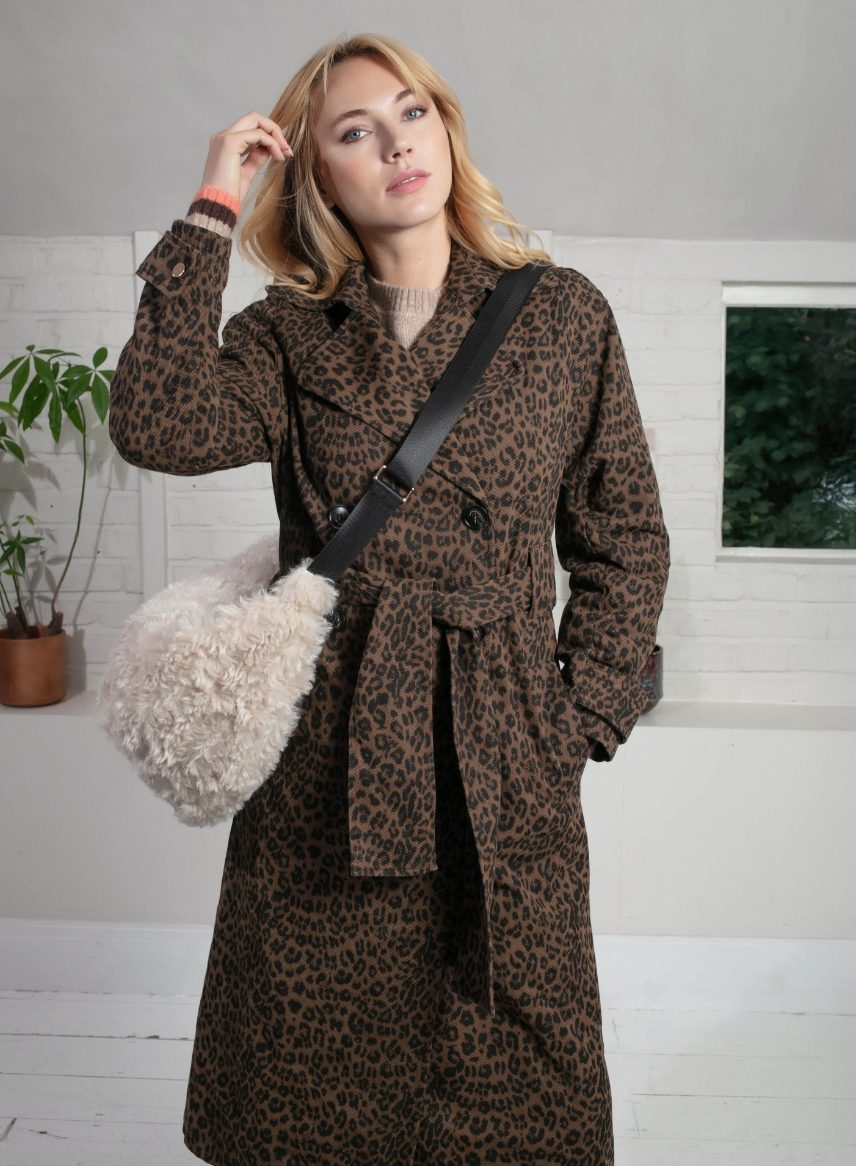chocolate animal print tench style coat with tie belt and black buttons model shot