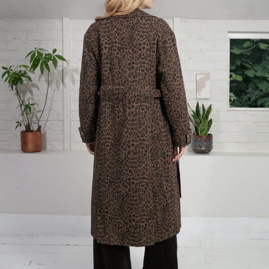 chocolate animal print tench style coat with tie belt and black buttons rear view