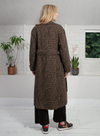 chocolate animal print tench style coat with tie belt and black buttons rear view