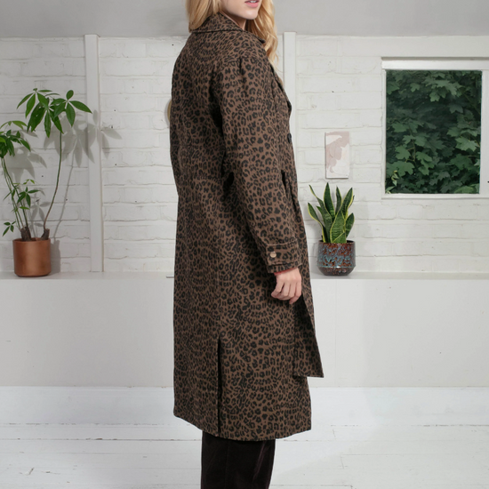 chocolate animal print tench style coat with tie belt and black buttons side view