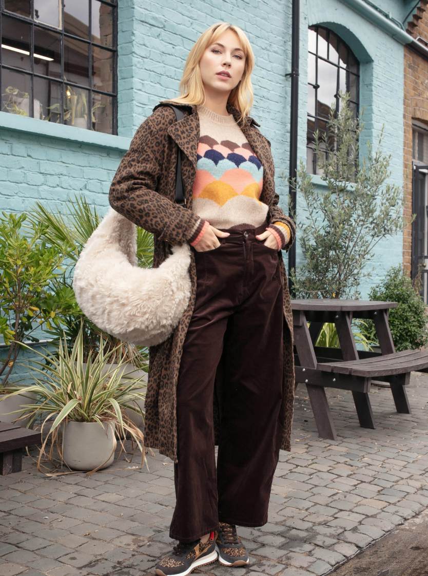 chocolate animal print tench style coat with tie belt and black buttons model shot