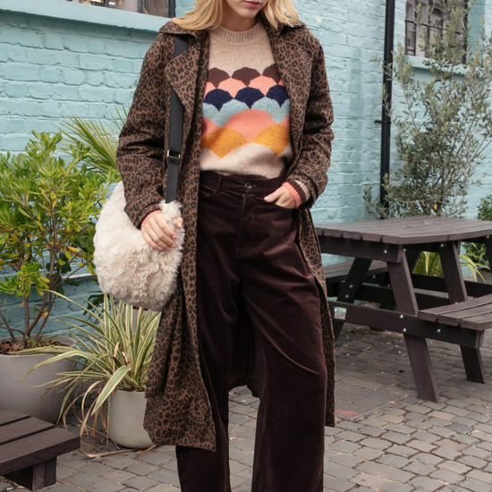 chocolate animal print tench style coat with tie belt and black buttons model shot