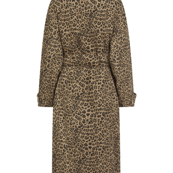 animal print trench style cotton coat with tie belt and double breasted rear view
