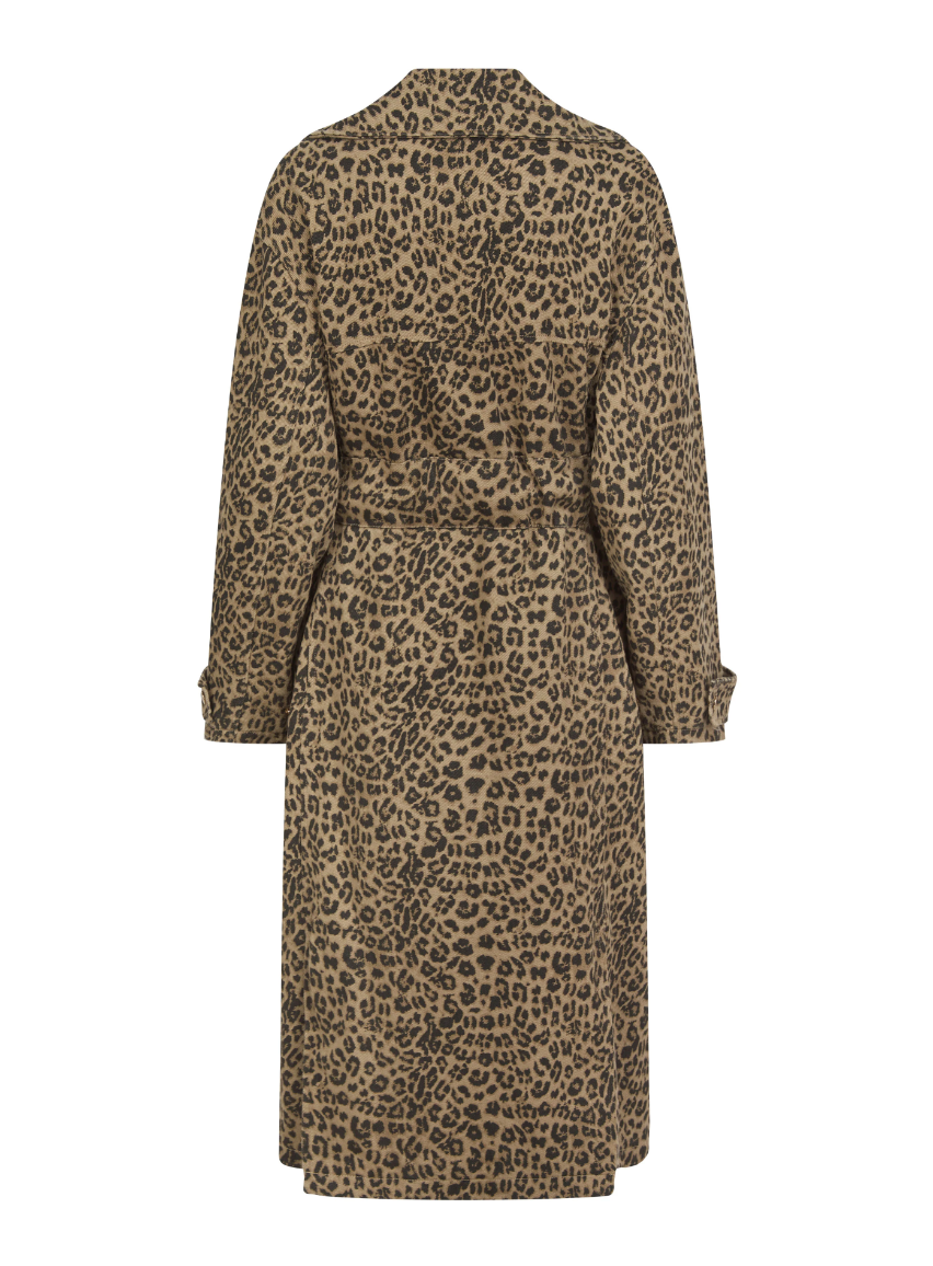 animal print trench style cotton coat with tie belt and double breasted rear view