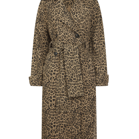 animal print trench style cotton coat with tie belt and double breasted