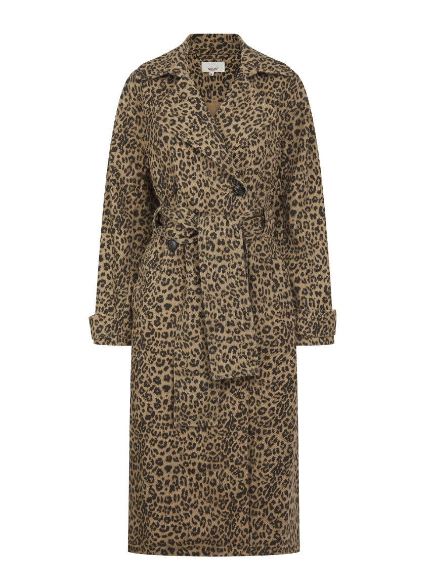 animal print trench style cotton coat with tie belt and double breasted