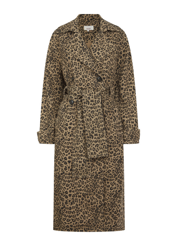 animal print trench style cotton coat with tie belt and double breasted