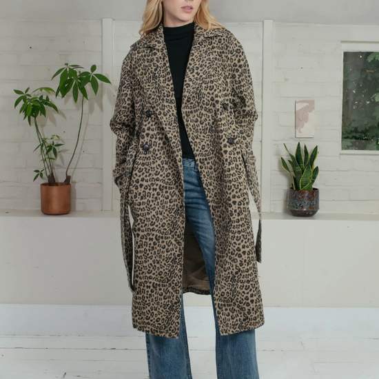 animal print trench style cotton coat with tie belt and double breasted model shot