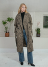 animal print trench style cotton coat with tie belt and double breasted model shot