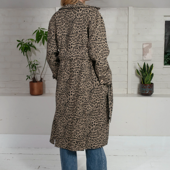 animal print trench style cotton coat with tie belt and double breasted rear view