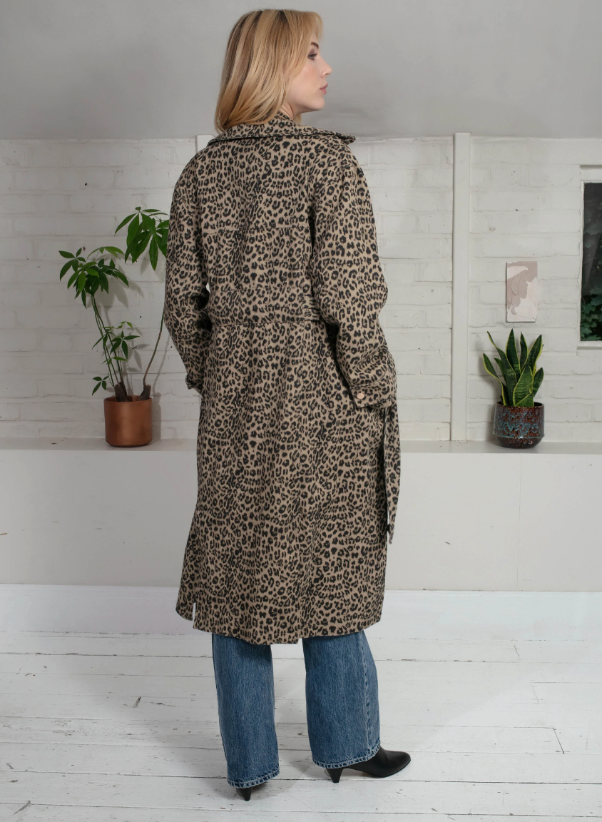 animal print trench style cotton coat with tie belt and double breasted rear view