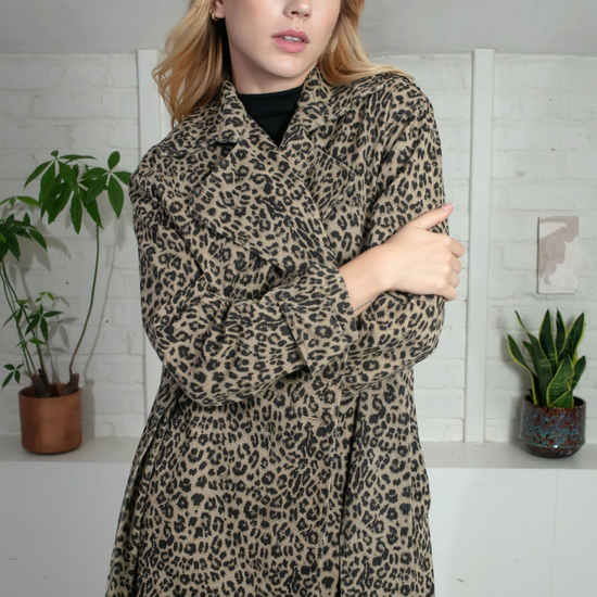 animal print trench style cotton coat with tie belt and double breasted model shot