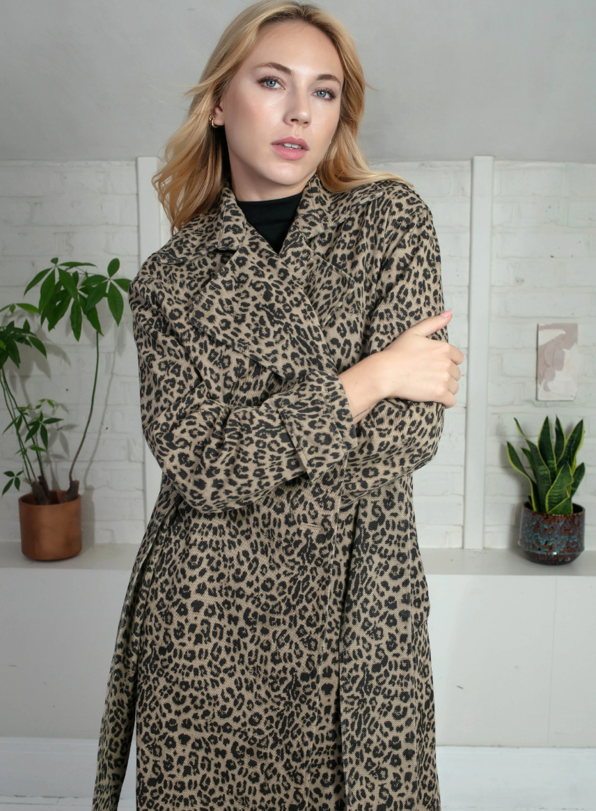 animal print trench style cotton coat with tie belt and double breasted model shot