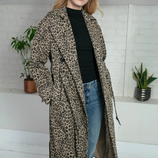 animal print trench style cotton coat with tie belt and double breasted side view