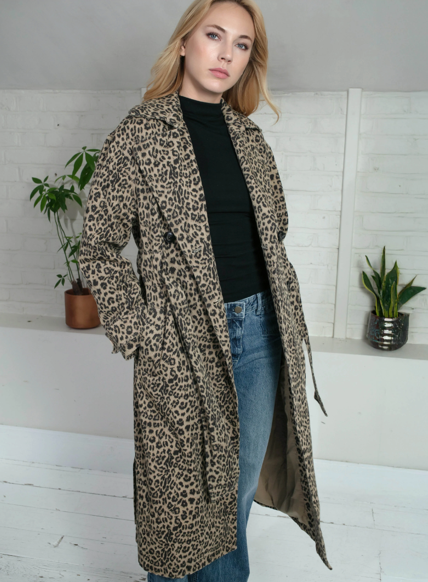 animal print trench style cotton coat with tie belt and double breasted side view