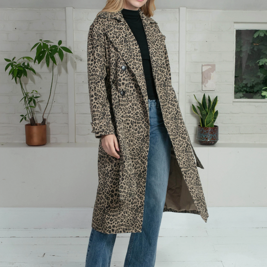 animal print trench style cotton coat with tie belt and double breasted model shot
