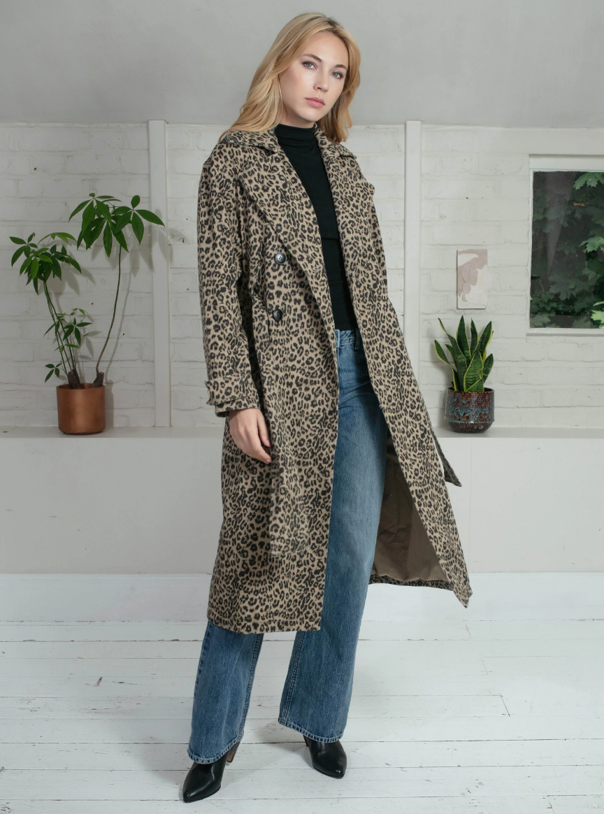 animal print trench style cotton coat with tie belt and double breasted model shot