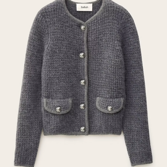 Gray textured cardigan with button details on a light gray background