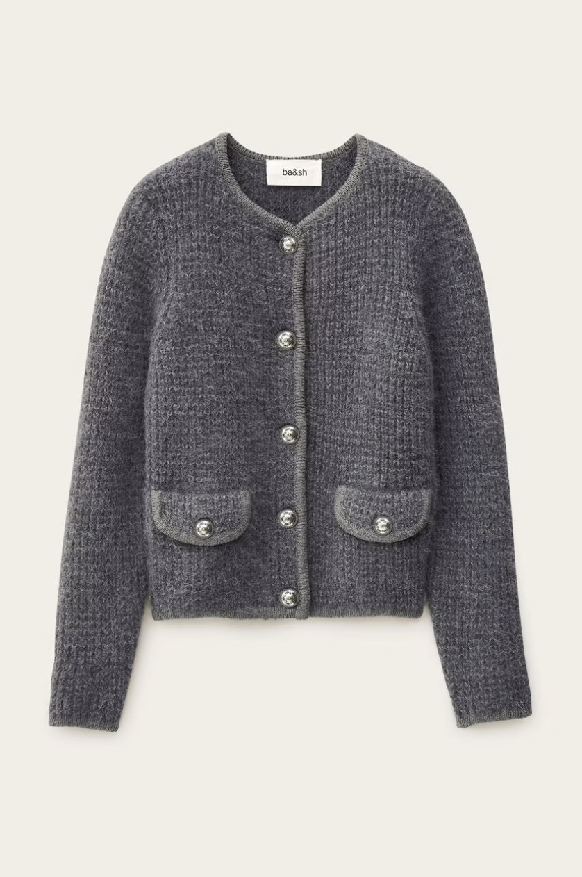 Gray textured cardigan with button details on a light gray background