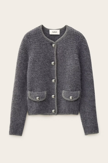 Gray textured cardigan with button details on a light gray background