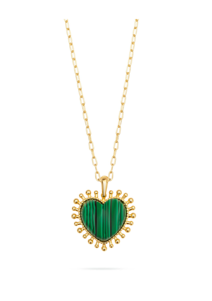green malachite stone heart necklace with gold detailing and gold chain
