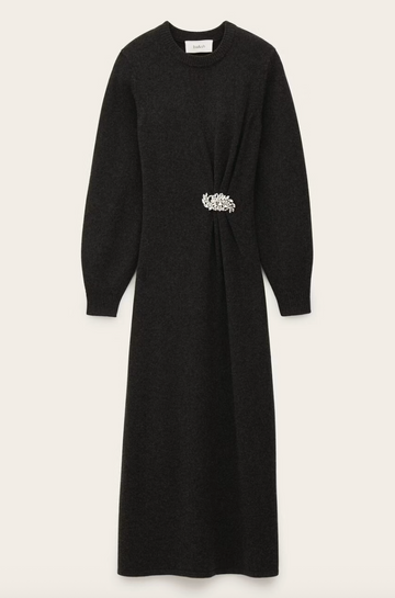 charcoal grey knitted long dress with round neck, ruche detailing with a statement crystal brooch and balloon sleeves