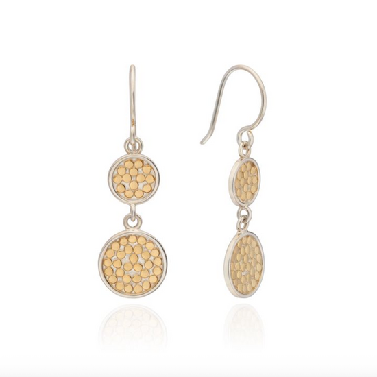 Double drop circle earrings in sterling silver with dot work details in gold from Anna Beck