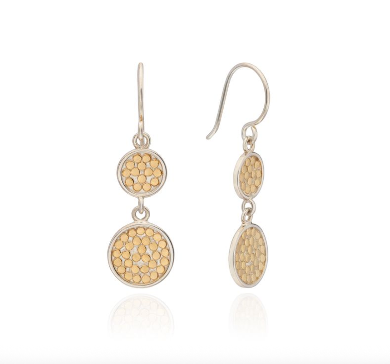 Double drop circle earrings in sterling silver with dot work details in gold from Anna Beck