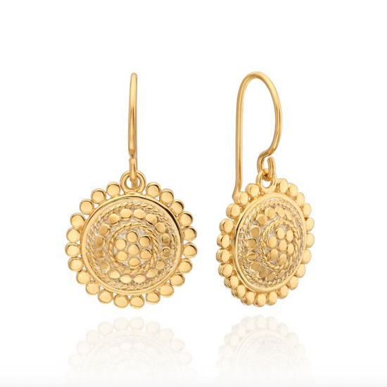 sterling silver with 18K gold plating circular drop earrings with dot work details from Anna Beck