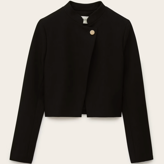 cropped black jacket with asymmetric placket and singular gold button from bash
