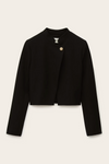 cropped black jacket with asymmetric placket and singular gold button from bash