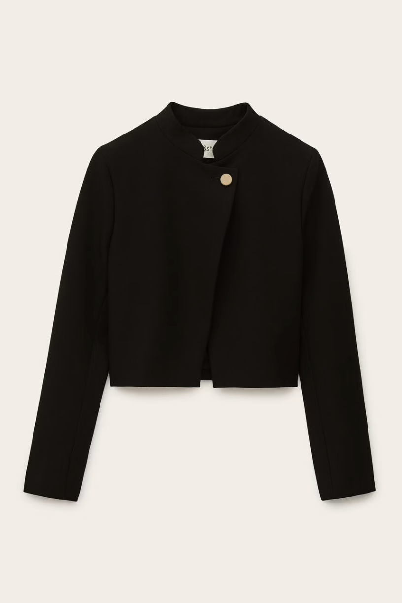 cropped black jacket with asymmetric placket and singular gold button from bash