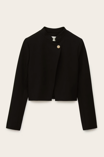 cropped black jacket with asymmetric placket and singular gold button from bash