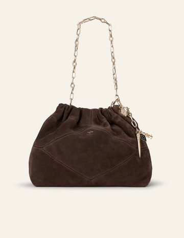 chocolate brown suede bucket style bag with gold chain strap and bag charm from ba&sh