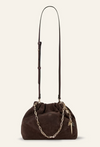 chocolate brown suede bucket style bag with gold chain strap and bag charm from ba&sh 