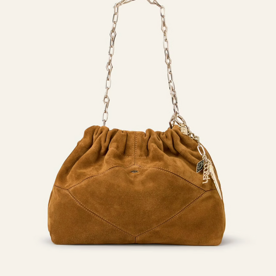 deep tan suede small bucket style bag with bag charm from ba&sh