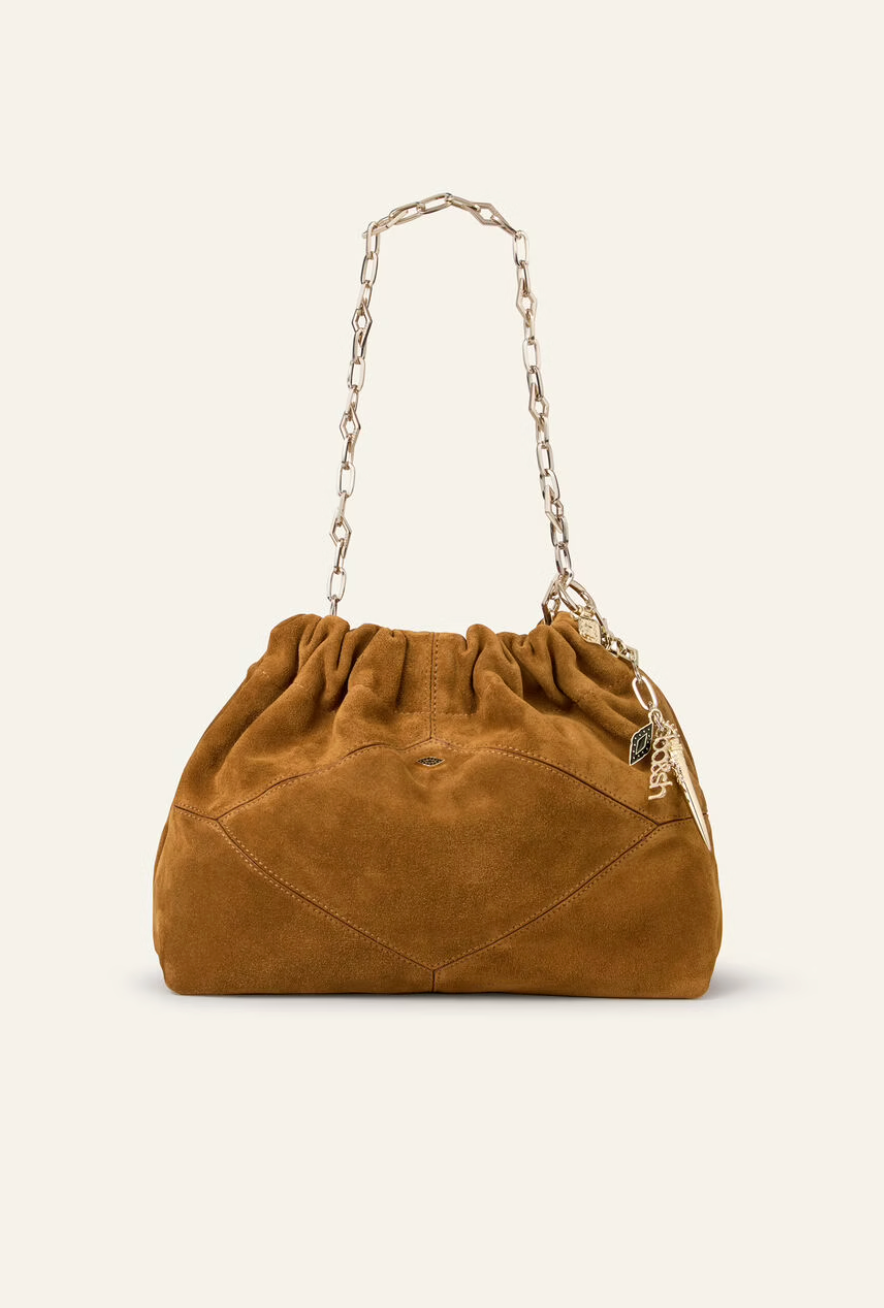 deep tan suede small bucket style bag with bag charm from ba&sh